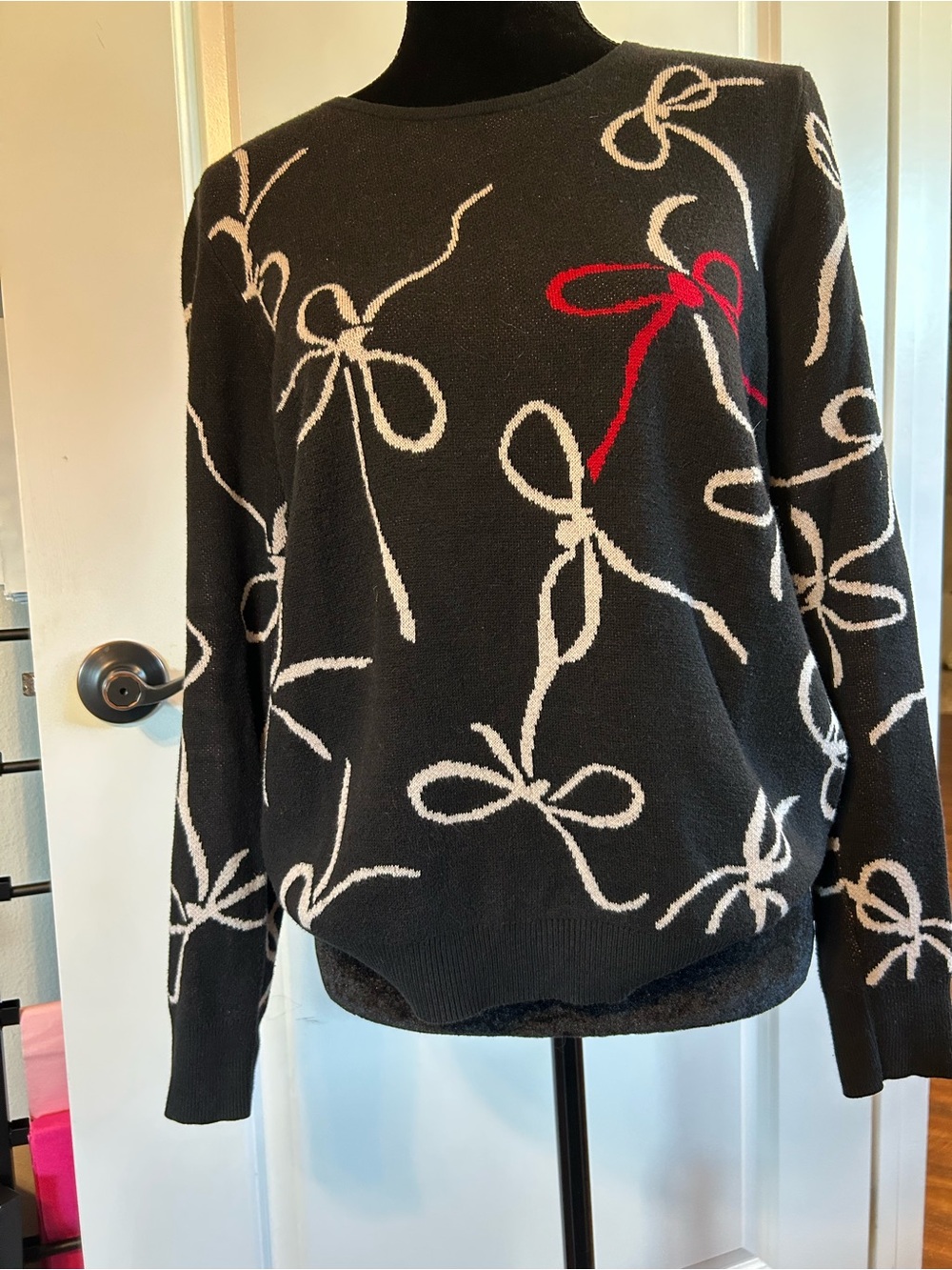Ann Taylor Black Sweater with Cream Bow Print and Red Accent